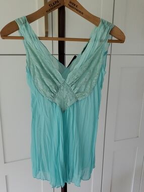Sheer Lace-Trim Aqua V-Neck Chemise Made In USA